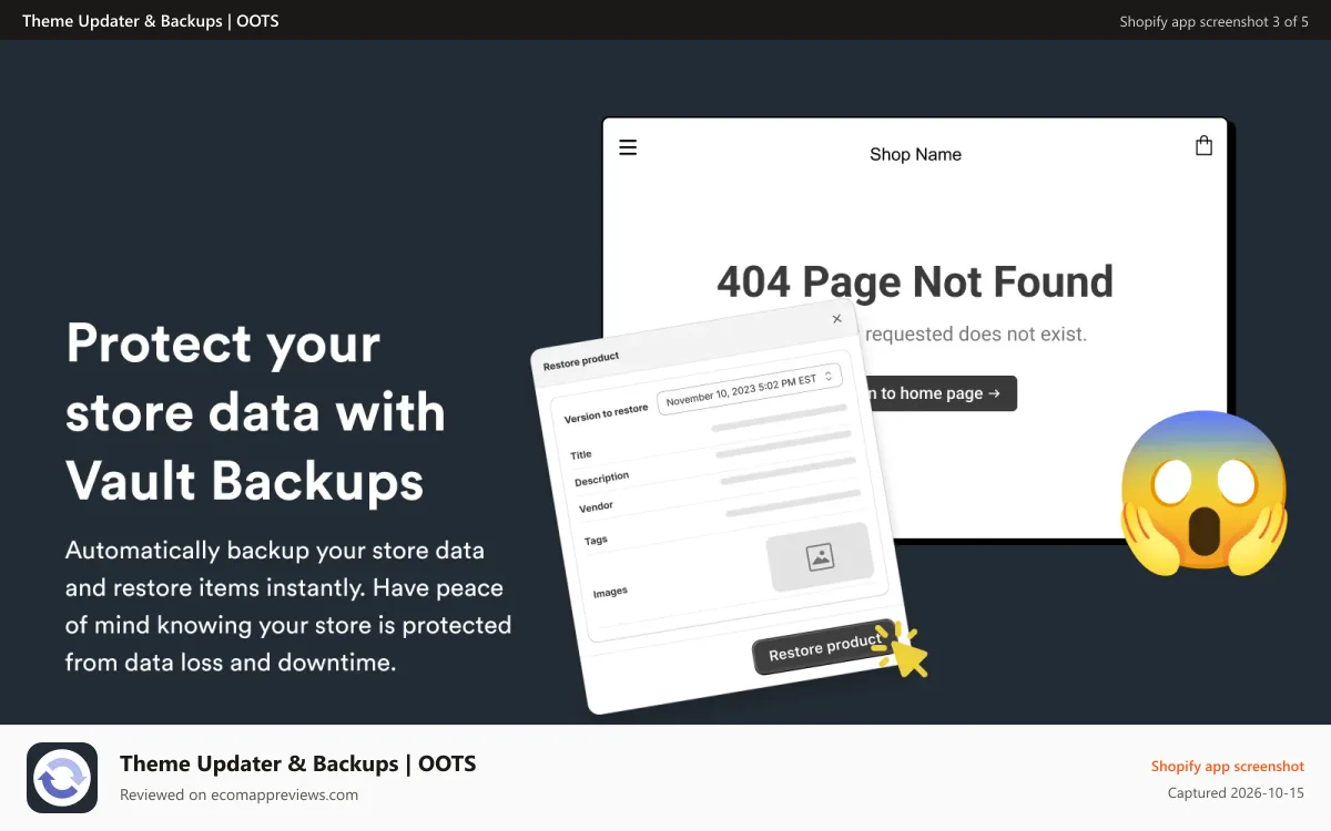 Theme Updater & Backups | OOTS Shopify app screenshot: theme updated to the latest version and ready for customization