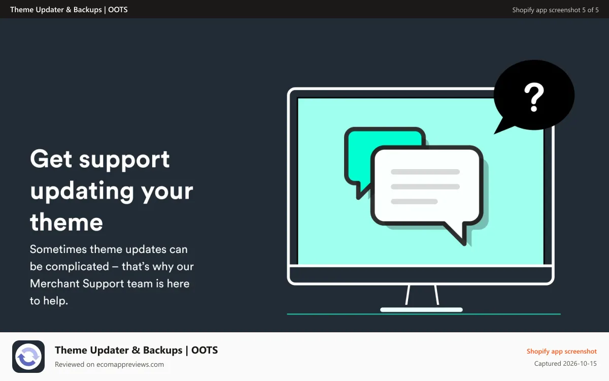 Theme Updater & Backups | OOTS Shopify app screenshot: Get support updating your premium shopify theme
