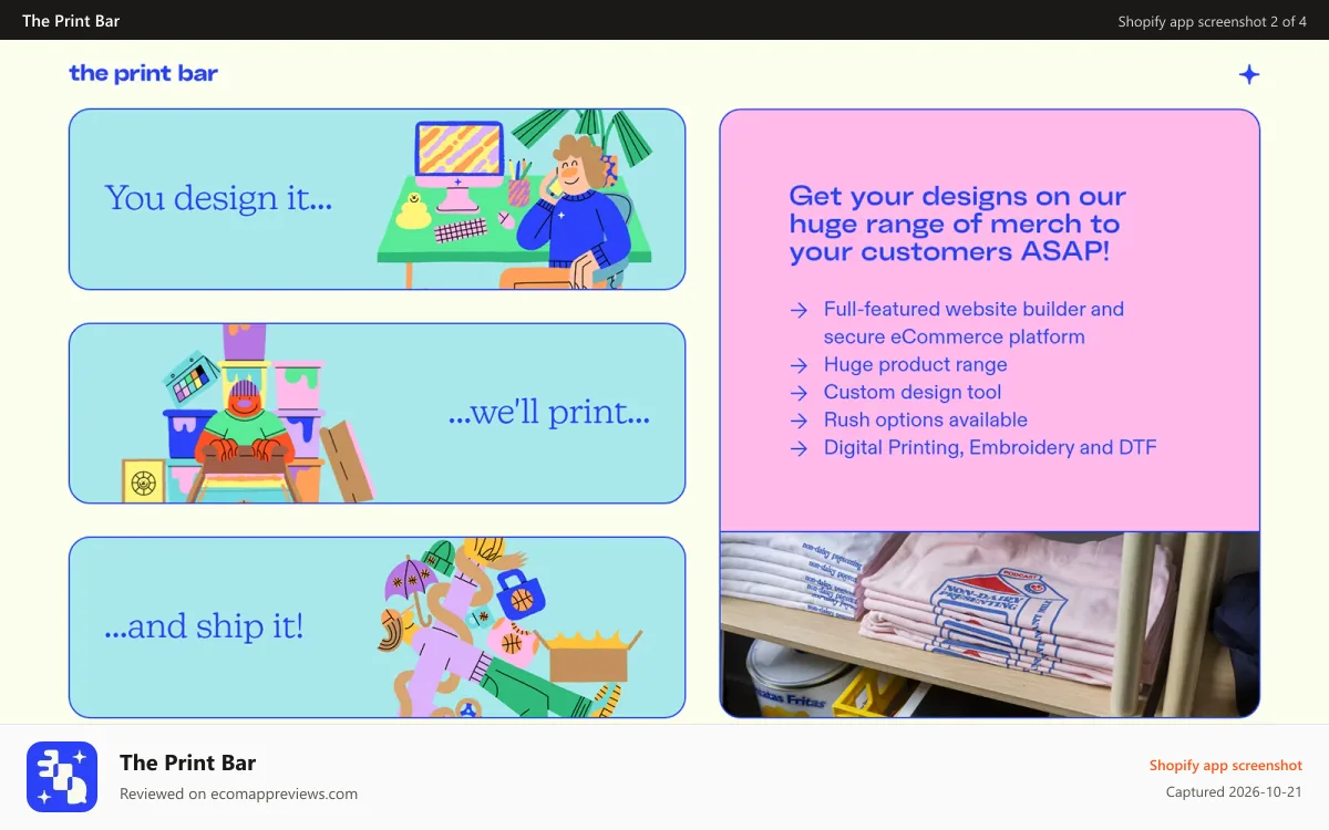 The Print Bar Shopify app screenshot: You design it we'll print it and ship it