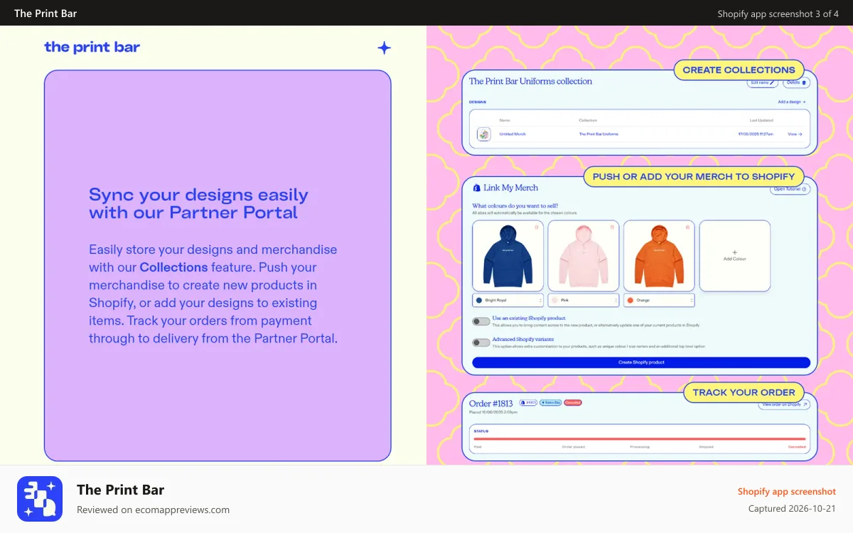 The Print Bar Shopify app screenshot: Sync your designs easily with our Partner Portal