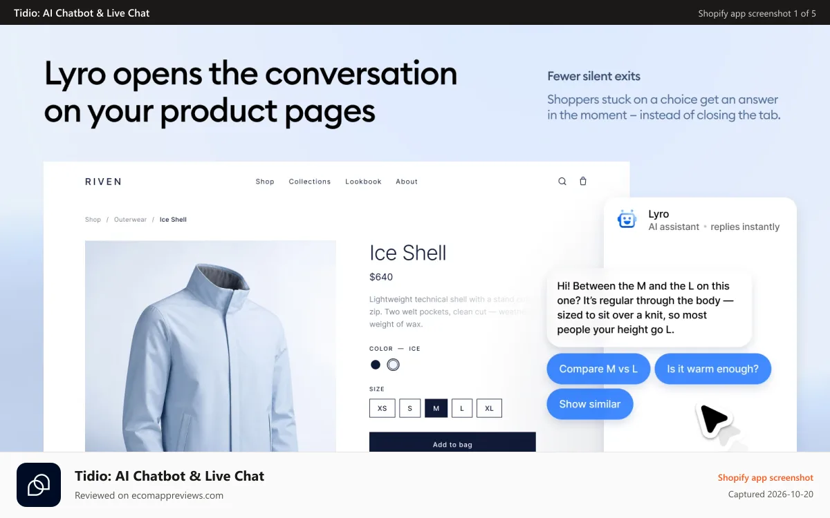 Tidio: AI Chatbot & Live Chat Shopify app screenshot: The customer support platform made for ecommerce