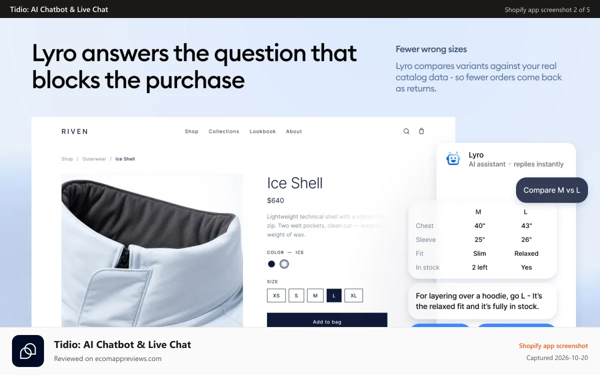 Tidio: AI Chatbot & Live Chat Shopify app screenshot: Automatically solve customer issues with Tidio's AI agent, Lyro