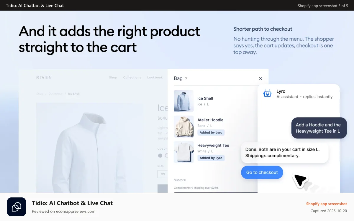 Tidio: AI Chatbot & Live Chat Shopify app screenshot: Manage and resolve requests with the interactive live chat app