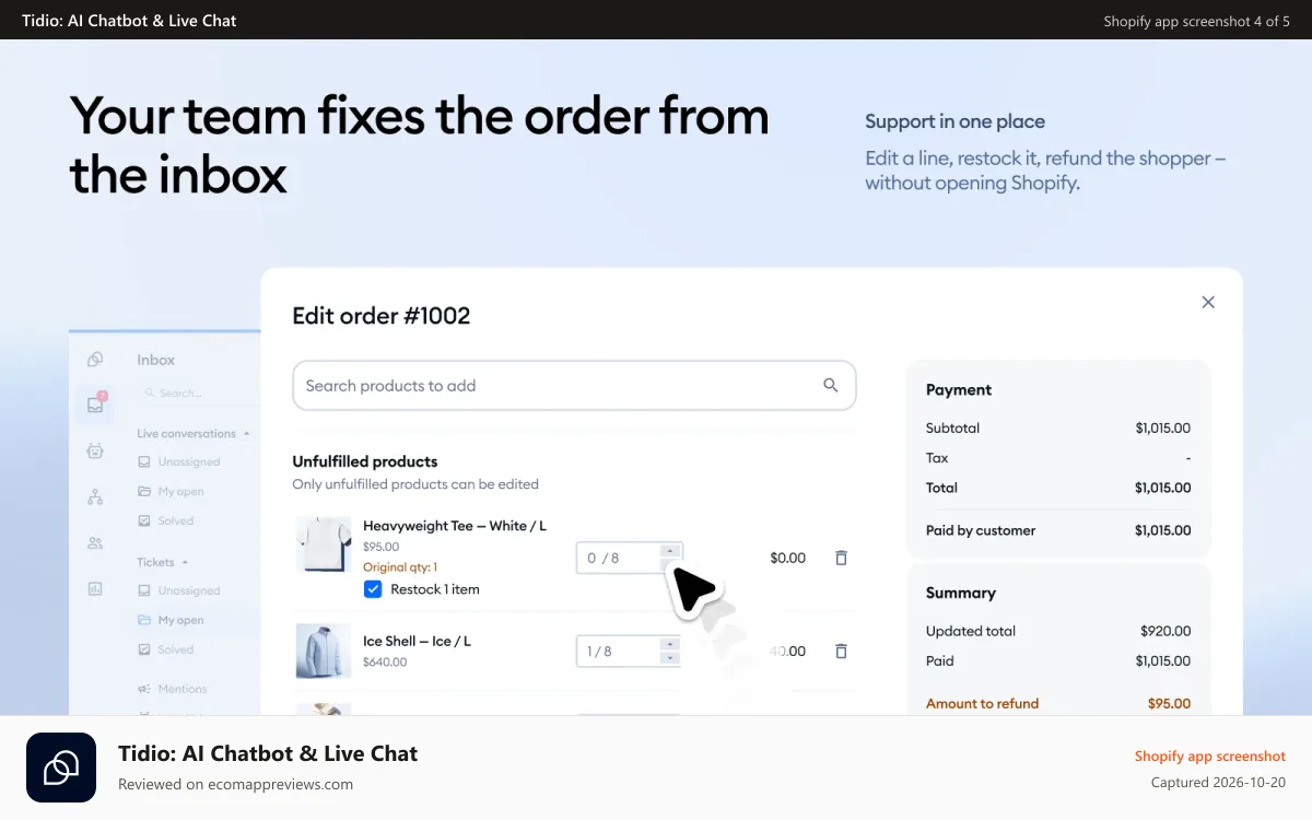 Tidio: AI Chatbot & Live Chat Shopify app screenshot: Optimize your customer support workload from a unified help desk