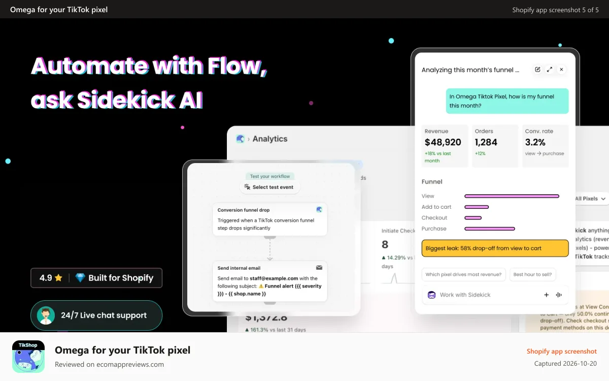 Omega for your TikTok pixel Shopify app screenshot: automate-shopify-flow-sidekick