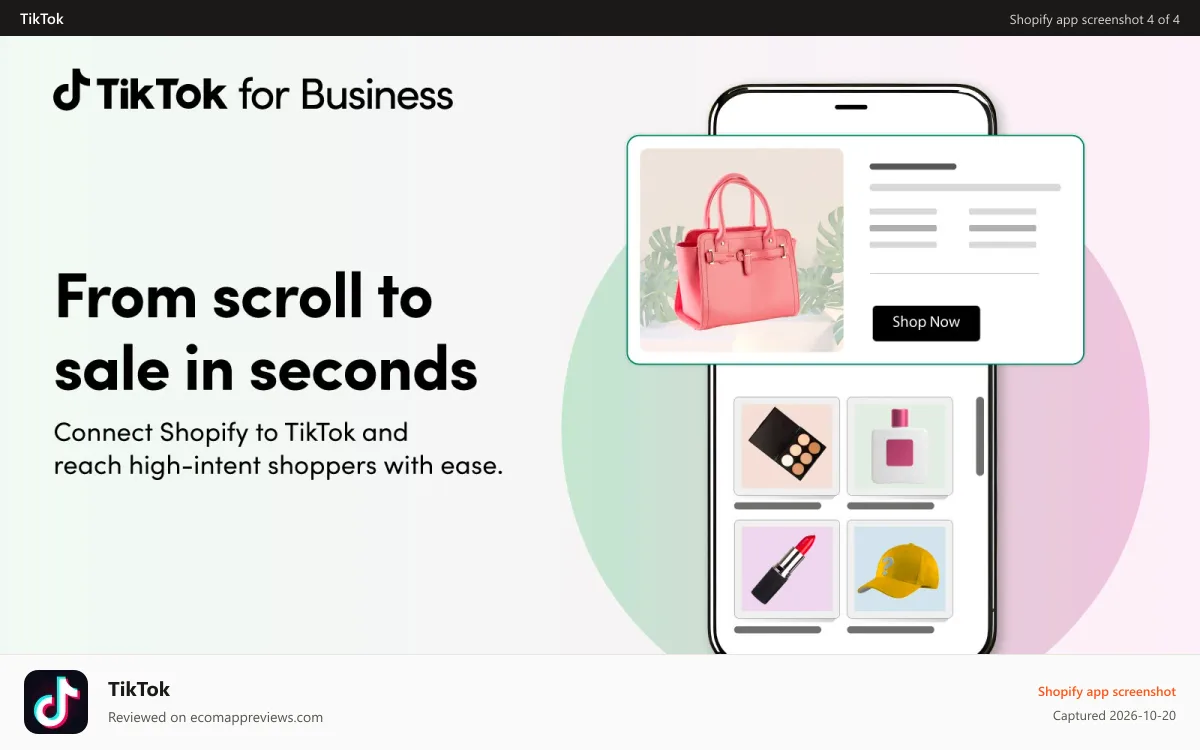 TikTok Shopify app screenshot: From scroll to sale in seconds