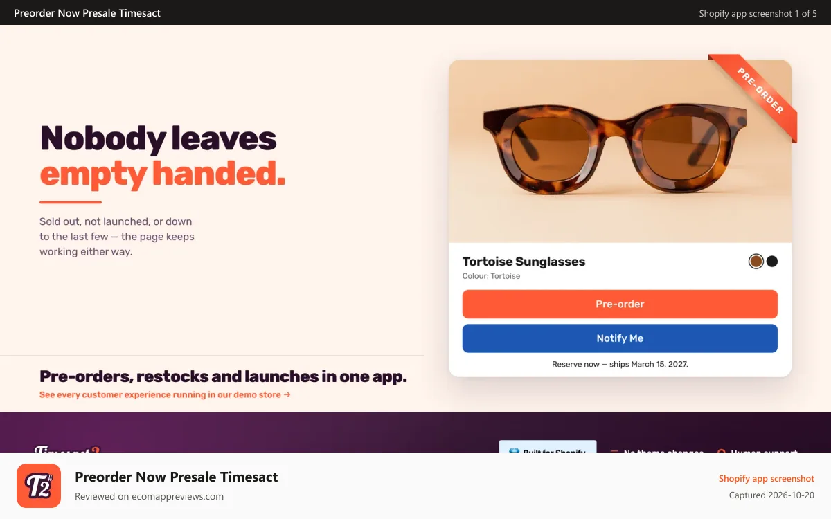 Preorder Now Presale Timesact Shopify app screenshot: Preorder App with Backorder, Pre-Sale, Back in Stock & In-Stock