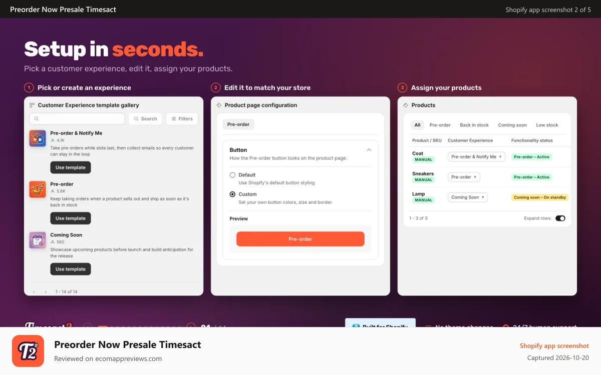 Preorder Now Presale Timesact Shopify app screenshot: Timesact setup: pick, edit and assign a pre-order experience