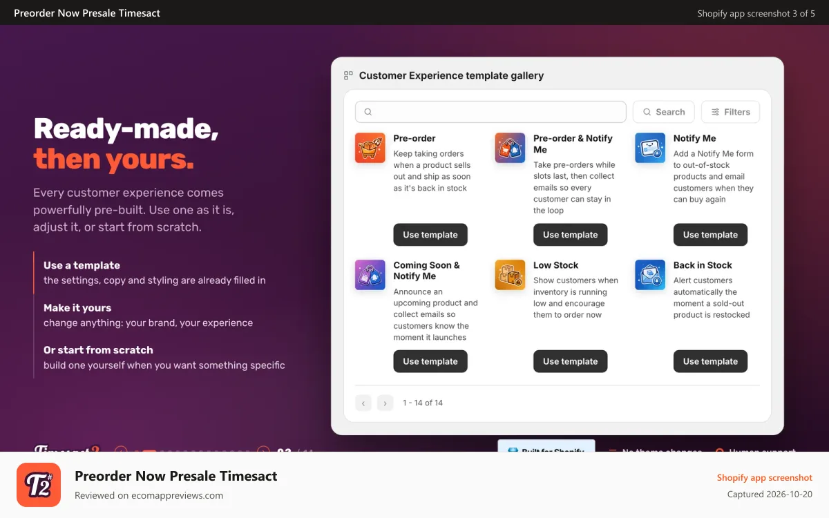 Preorder Now Presale Timesact Shopify app screenshot: Ready-made Shopify pre-order and back-in-stock templates