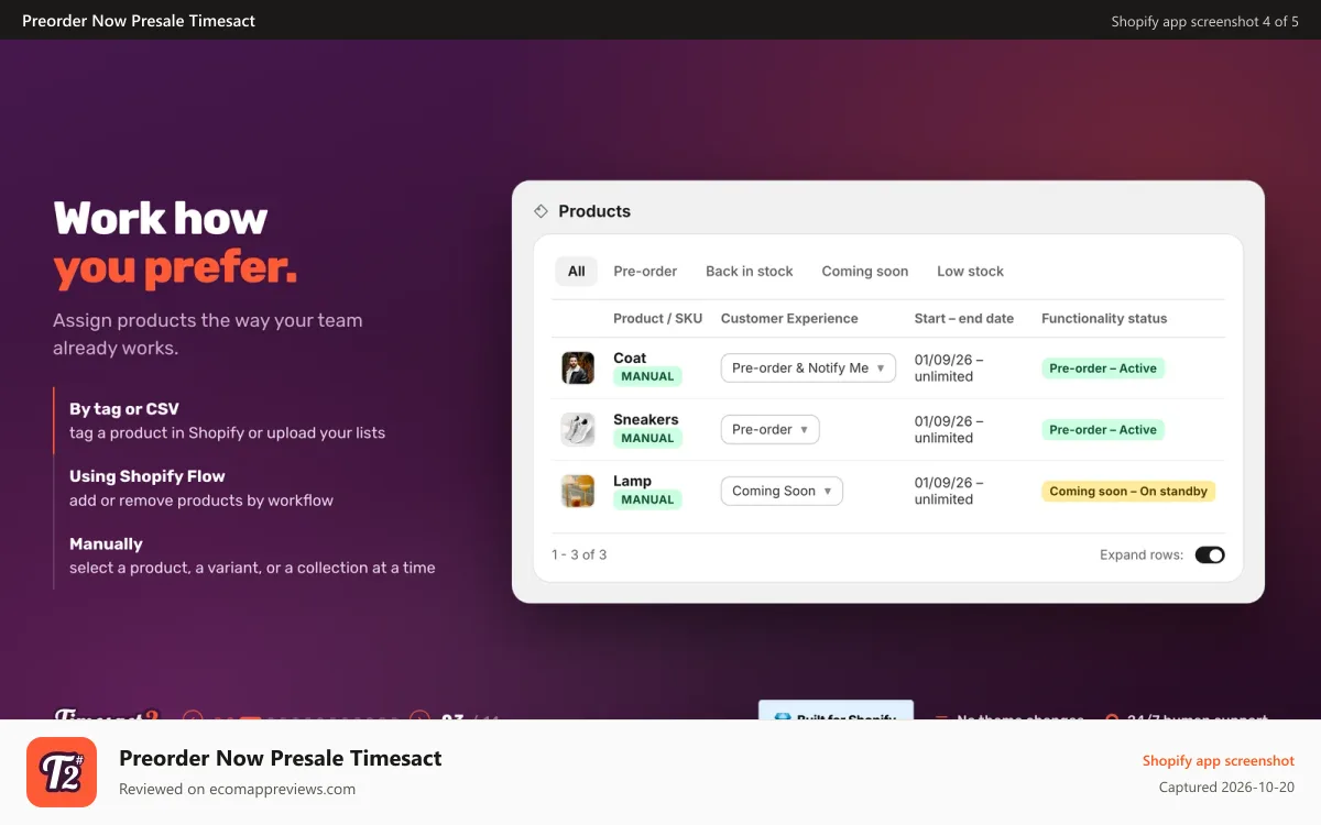 Preorder Now Presale Timesact Shopify app screenshot: Assign preorder products by tag, CSV or Shopify Flow