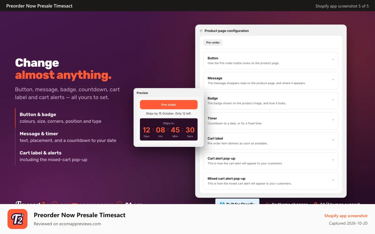 Preorder Now Presale Timesact Shopify app screenshot: Customise the pre order button, badge, message and timer