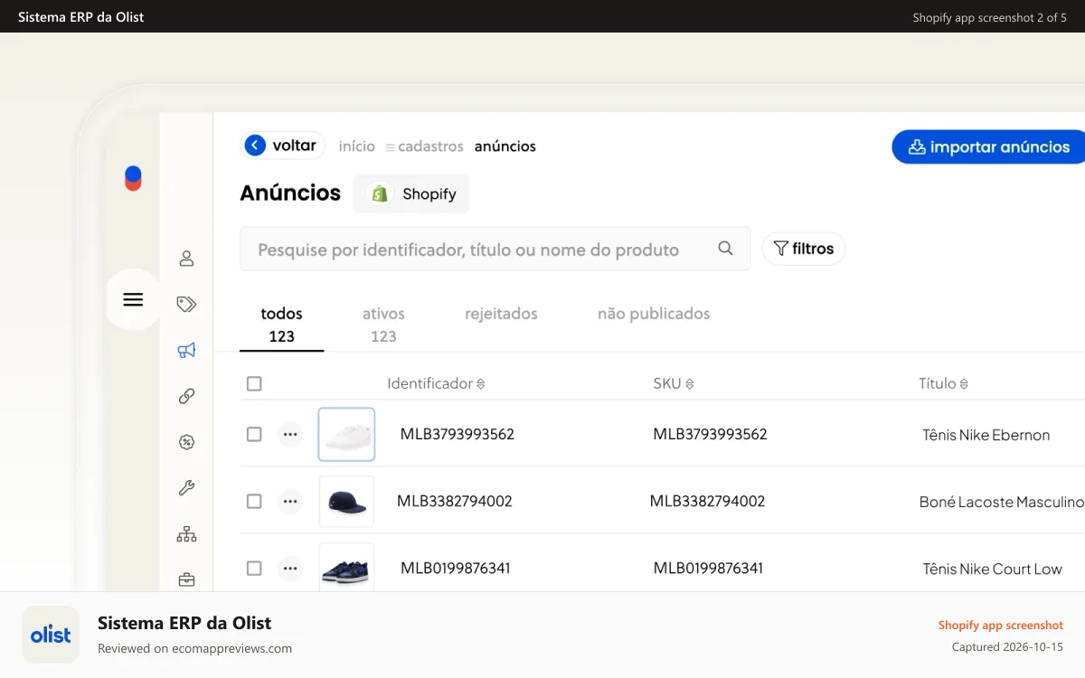 Sistema ERP da Olist Shopify app screenshot: Anúncios