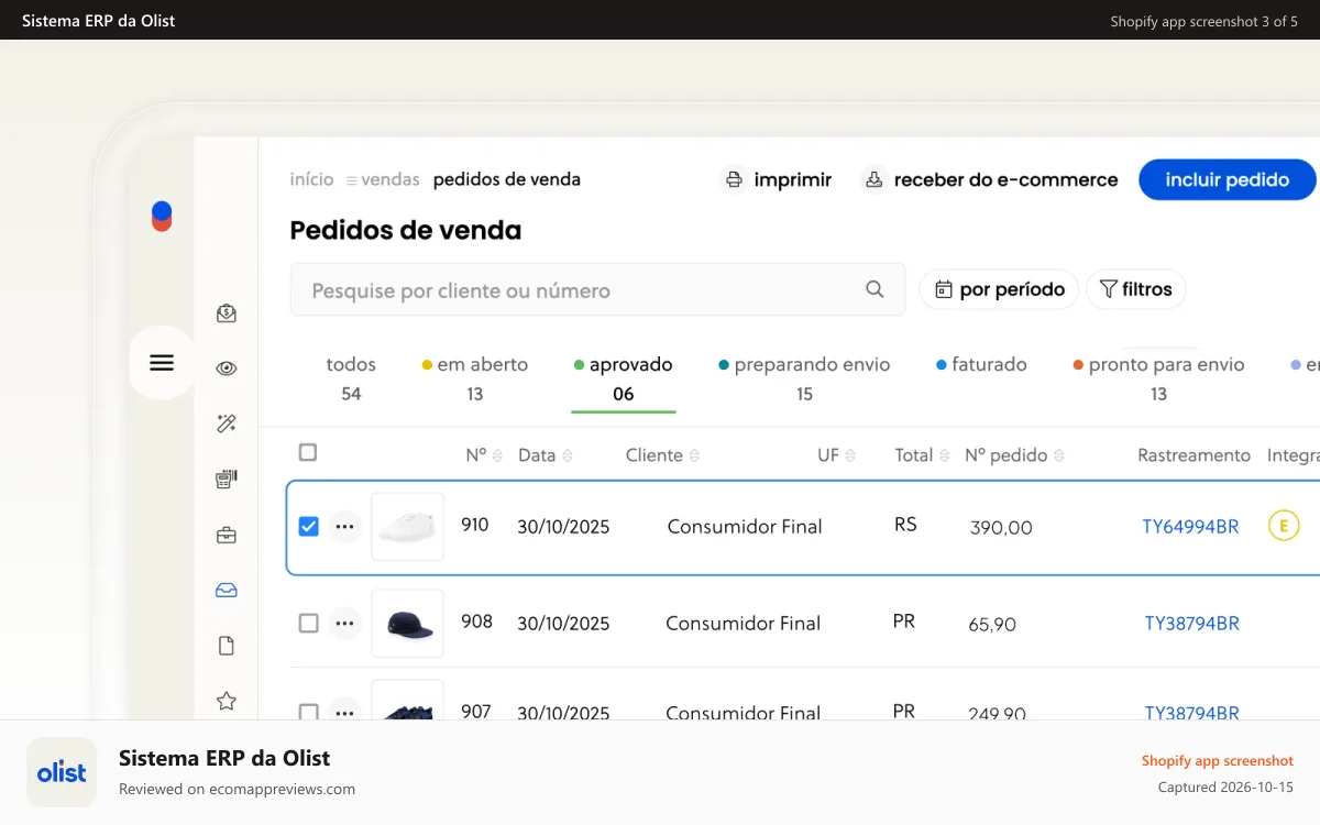 Sistema ERP da Olist Shopify app screenshot: Pedidos de venda