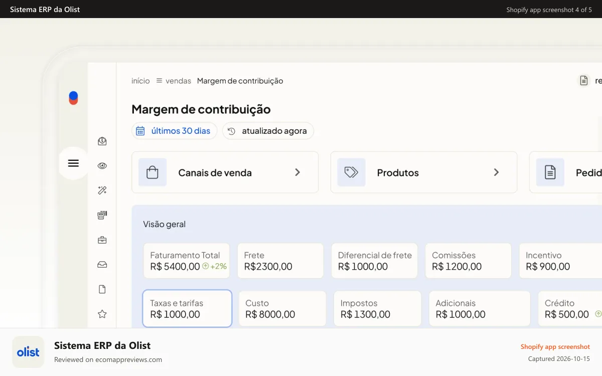 Sistema ERP da Olist Shopify app screenshot: Margem de contribuição