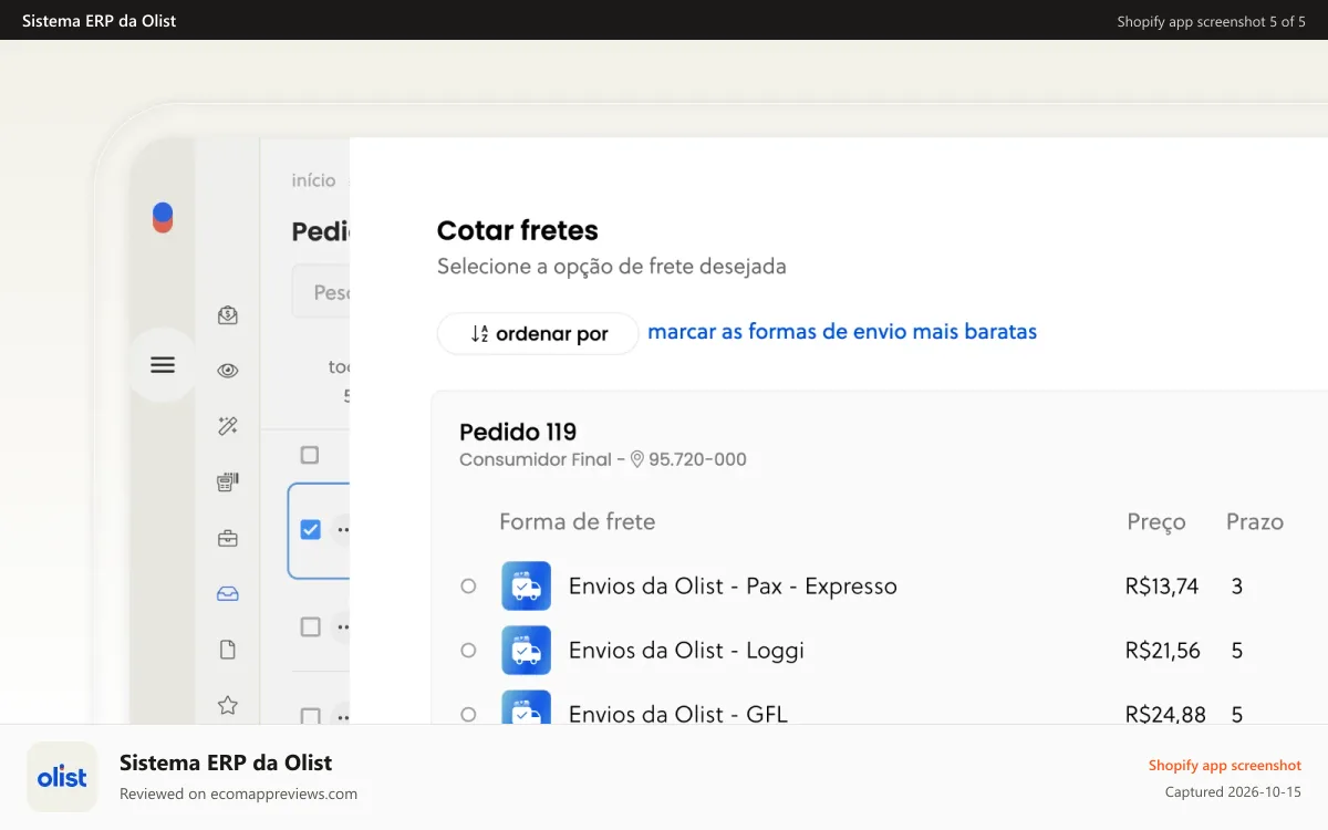 Sistema ERP da Olist Shopify app screenshot: Cotação