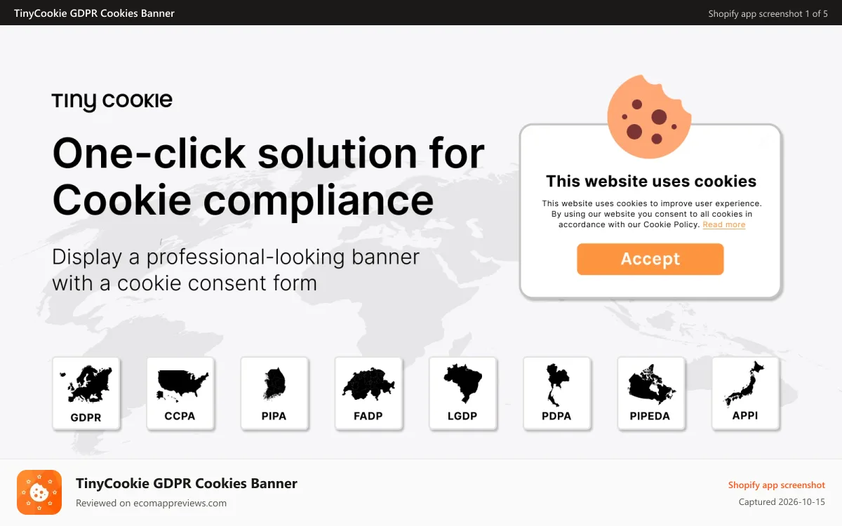 TinyCookie GDPR Cookies Banner Shopify app screenshot: One-click solution for European GDPR compliance
