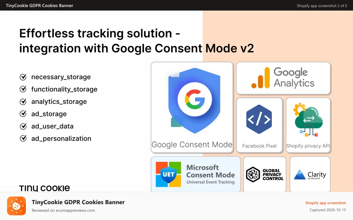 TinyCookie GDPR Cookies Banner Shopify app screenshot: Effortless tracking solution. Integration with Google Consent