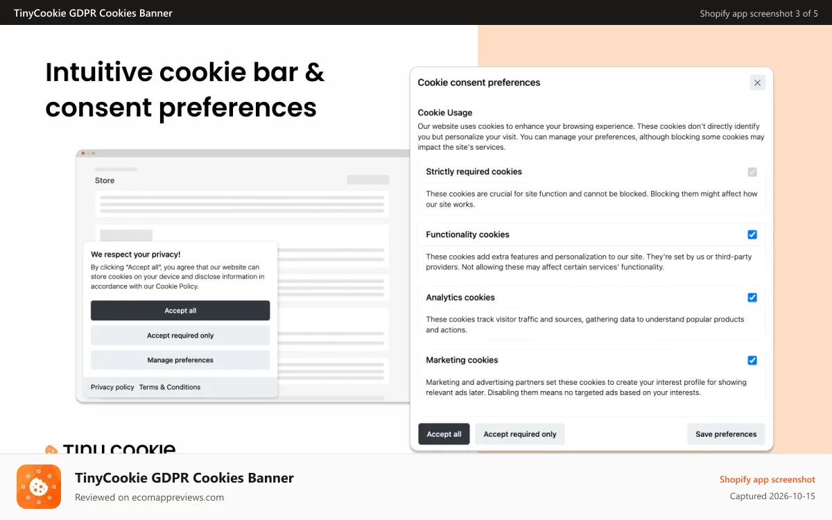 TinyCookie GDPR Cookies Banner Shopify app screenshot: Intuitive cookie bar & consent preferences