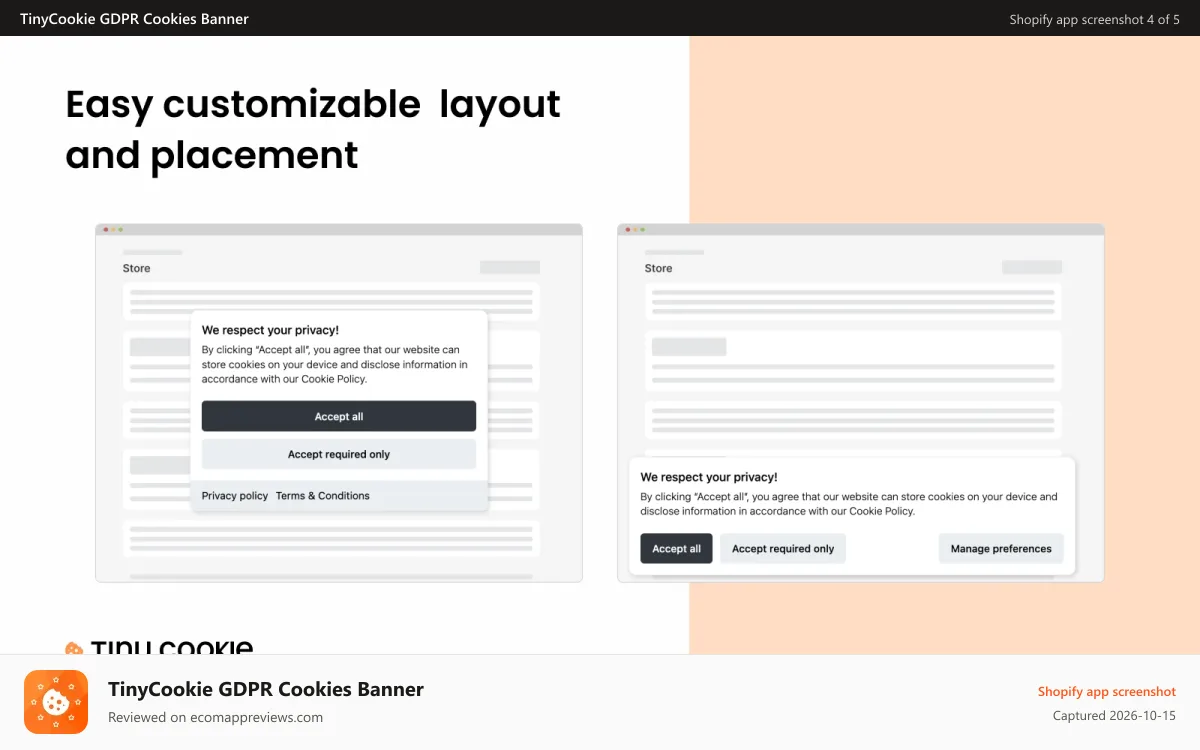 TinyCookie GDPR Cookies Banner Shopify app screenshot: Easy customizable layout and placement