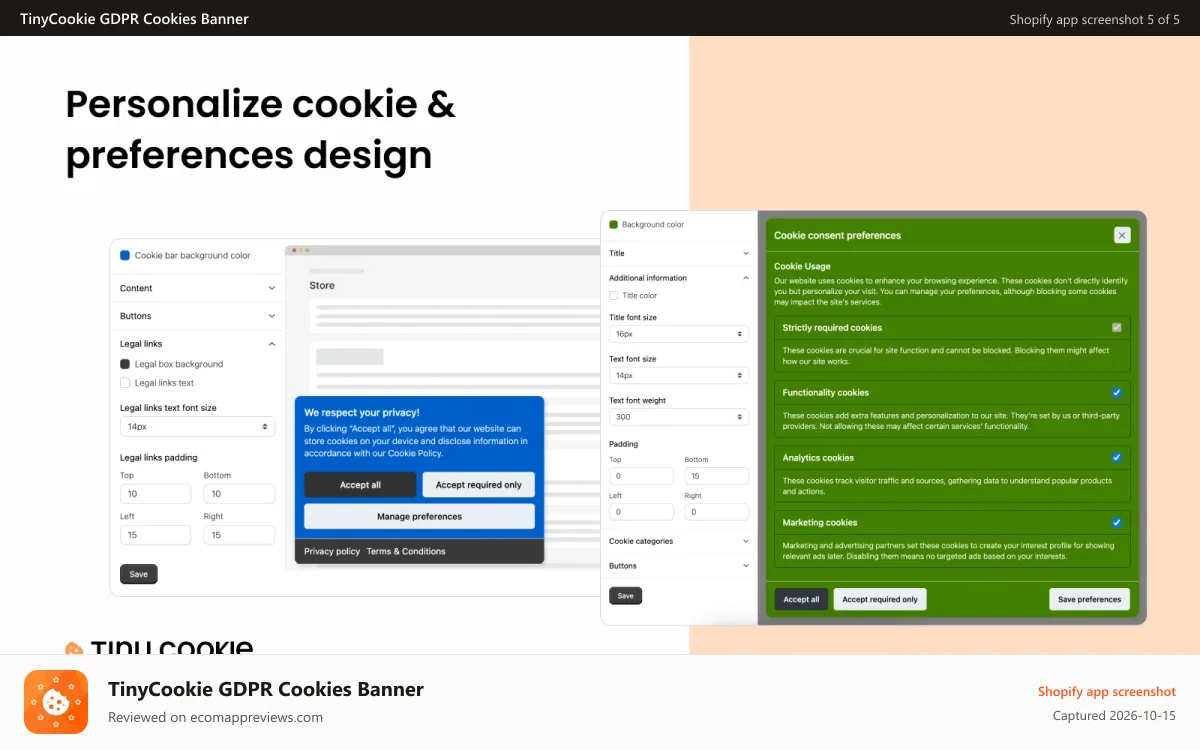 TinyCookie GDPR Cookies Banner Shopify app screenshot: Personalize cookie & preferences design in a second