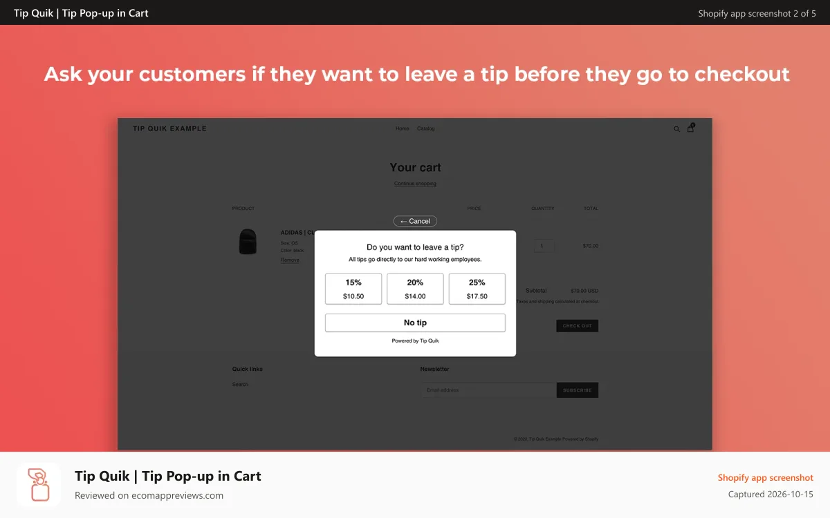 Tip Quik | Tip Pop‑up in Cart Shopify app screenshot: Tip modal on site