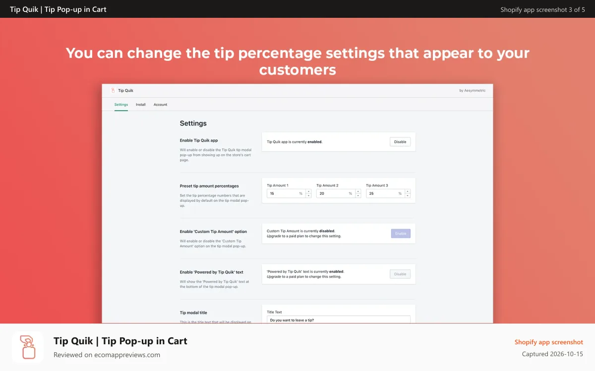 Tip Quik | Tip Pop‑up in Cart Shopify app screenshot: Tip Quik app percentage settings