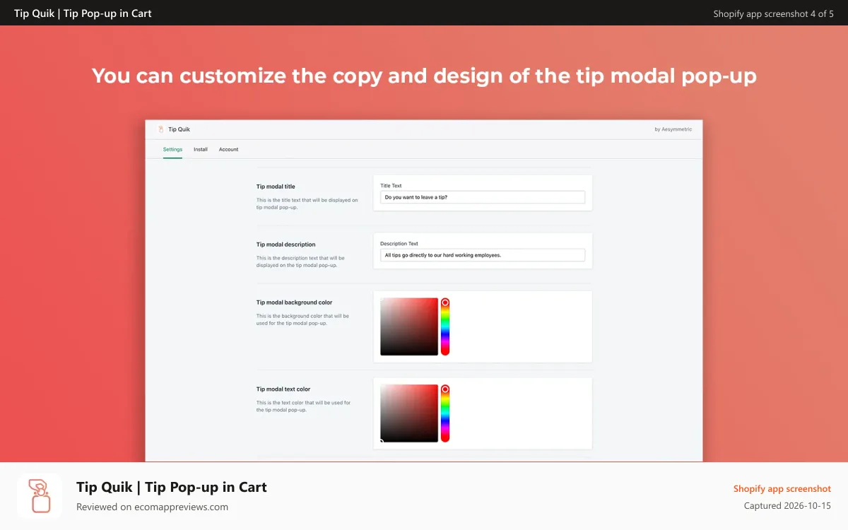 Tip Quik | Tip Pop‑up in Cart Shopify app screenshot: Tip Quik app tip modal design settings