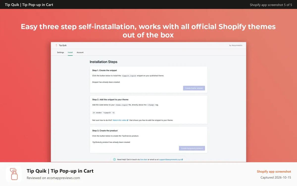 Tip Quik | Tip Pop‑up in Cart Shopify app screenshot: Tip Quik app installation steps