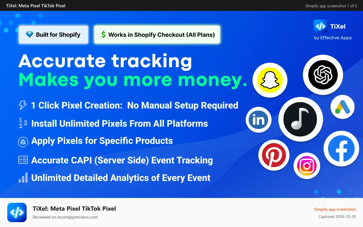 TiXel: Meta Pixel TikTok Pixel Shopify app screenshot: Add TikTok Ads, Facebook Ads (Meta Ads), Google Ads, Reddit Ads