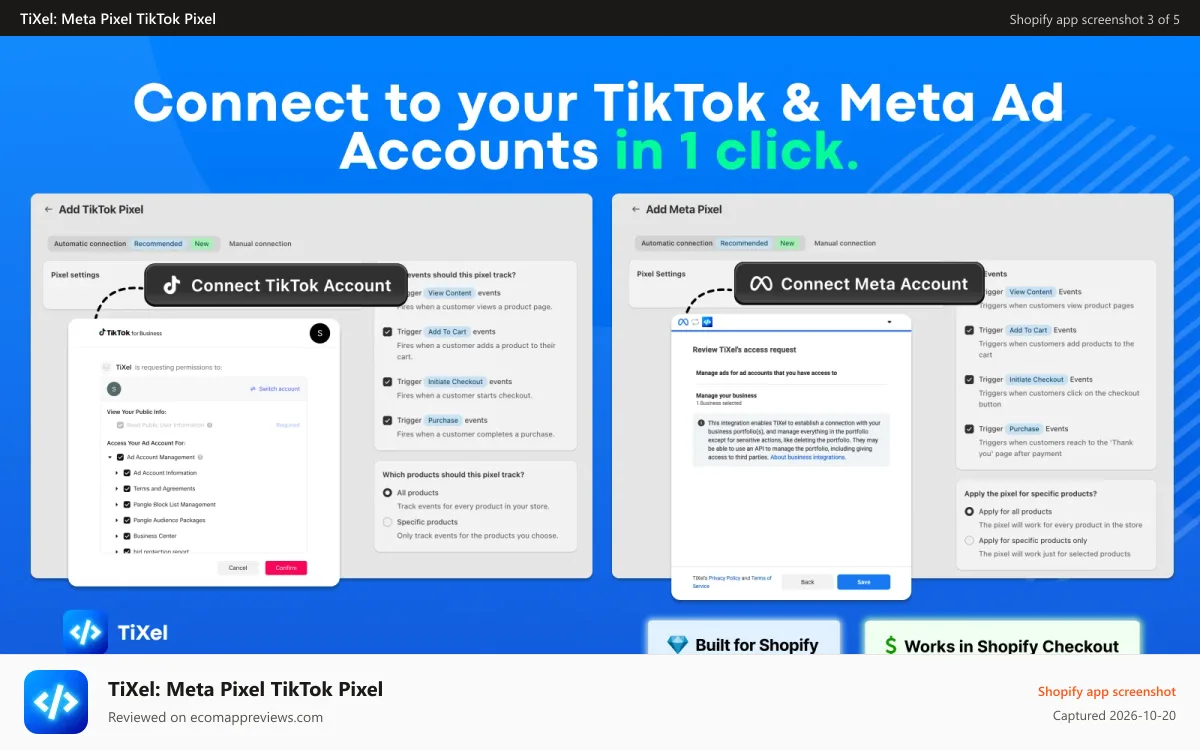 TiXel: Meta Pixel TikTok Pixel Shopify app screenshot: 1 click connection to TikTok Ads Manager & Meta Business Manager