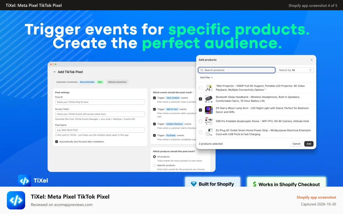 TiXel: Meta Pixel TikTok Pixel Shopify app screenshot: Product-level pixel targeting interface for enhanced ad tracking