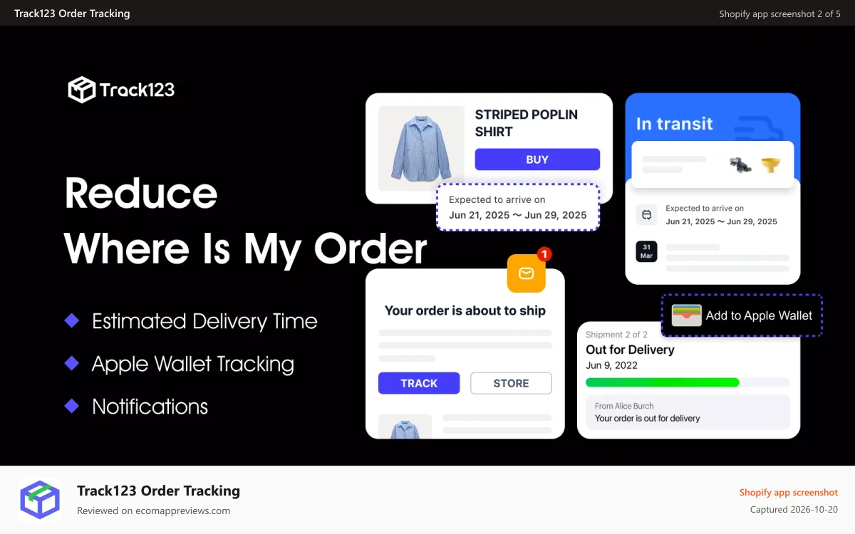 Track123 Order Tracking Shopify app screenshot: Reduce where is my order