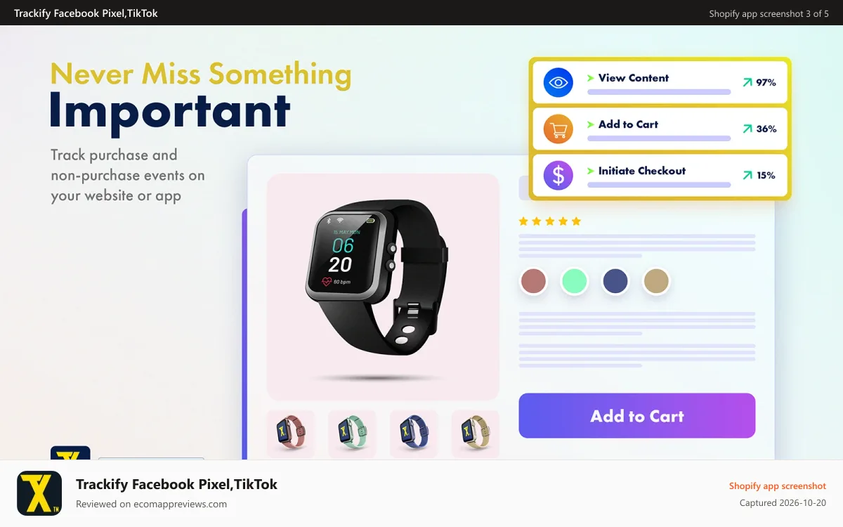 Trackify Facebook Pixel,TikTok Shopify app screenshot: Event tracking; category views, product page views & add to cart