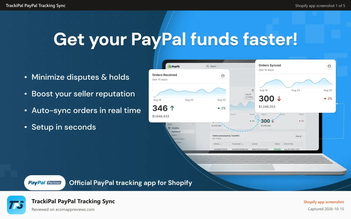 TrackiPal PayPal Tracking Sync Shopify app screenshot: TrackiPal - Sync PayPal Tracking for Shipped Orders in Real Time