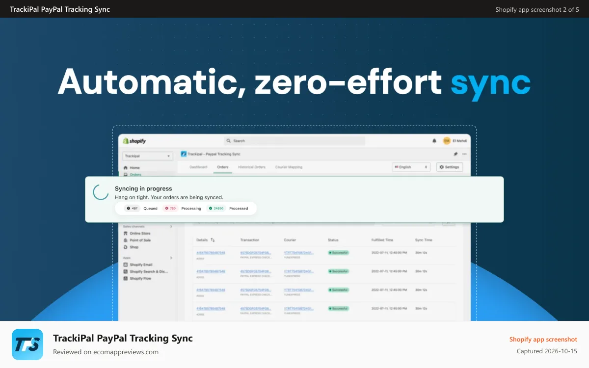 TrackiPal PayPal Tracking Sync Shopify app screenshot: TrackiPal is now approved by PayPal for PayPal Tracking Sync