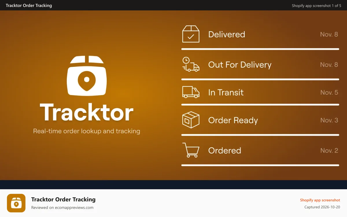 Tracktor Order Tracking Shopify app screenshot: Real-time order lookup and tracking