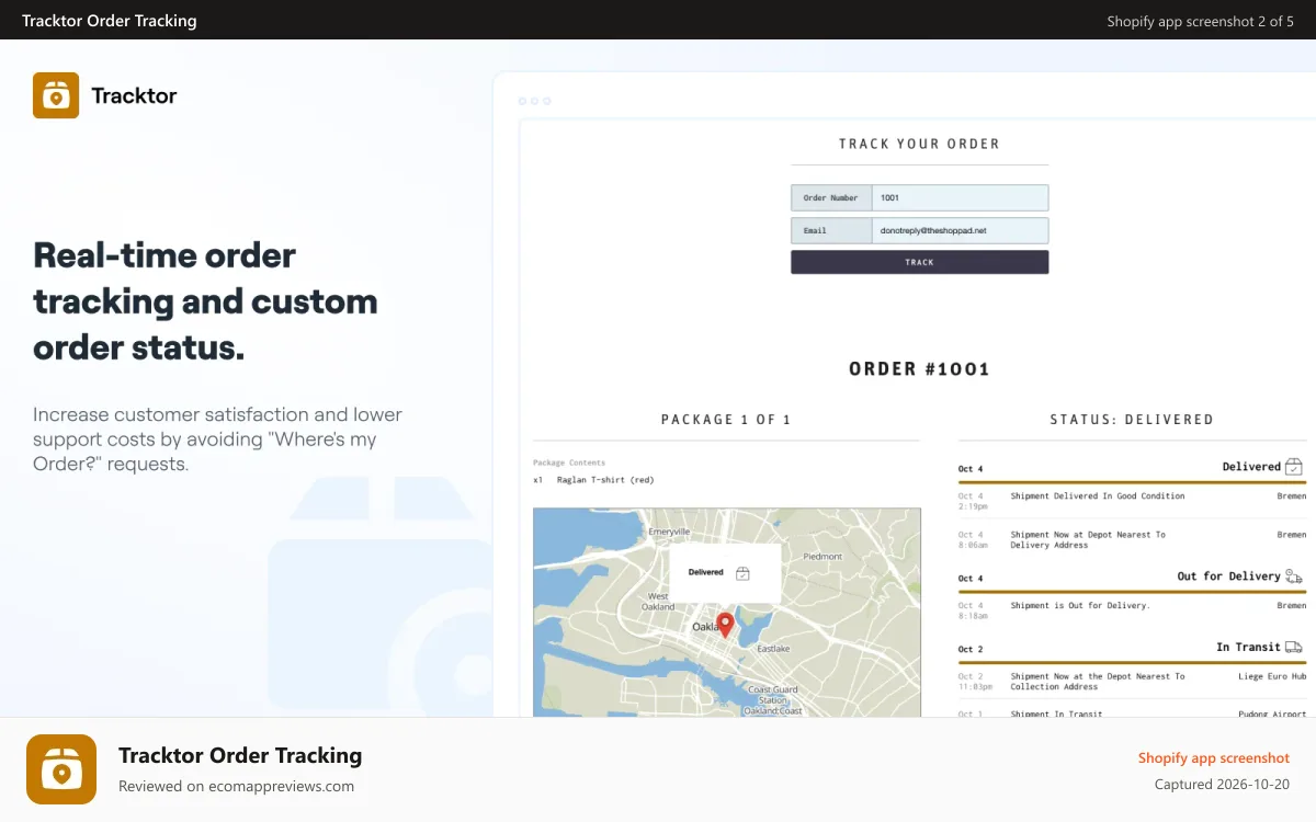 Tracktor Order Tracking Shopify app screenshot: Real-time order tracking and custom order status.