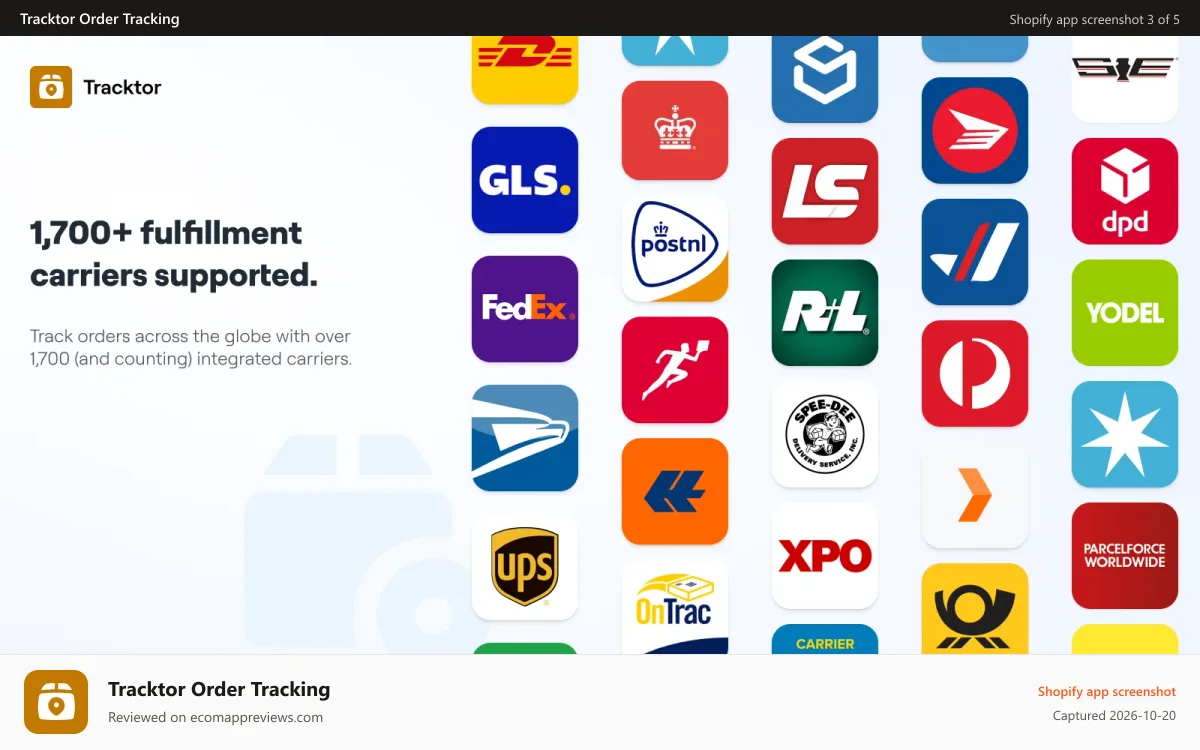 Tracktor Order Tracking Shopify app screenshot: 1,700+ fulfillment carriers supported.