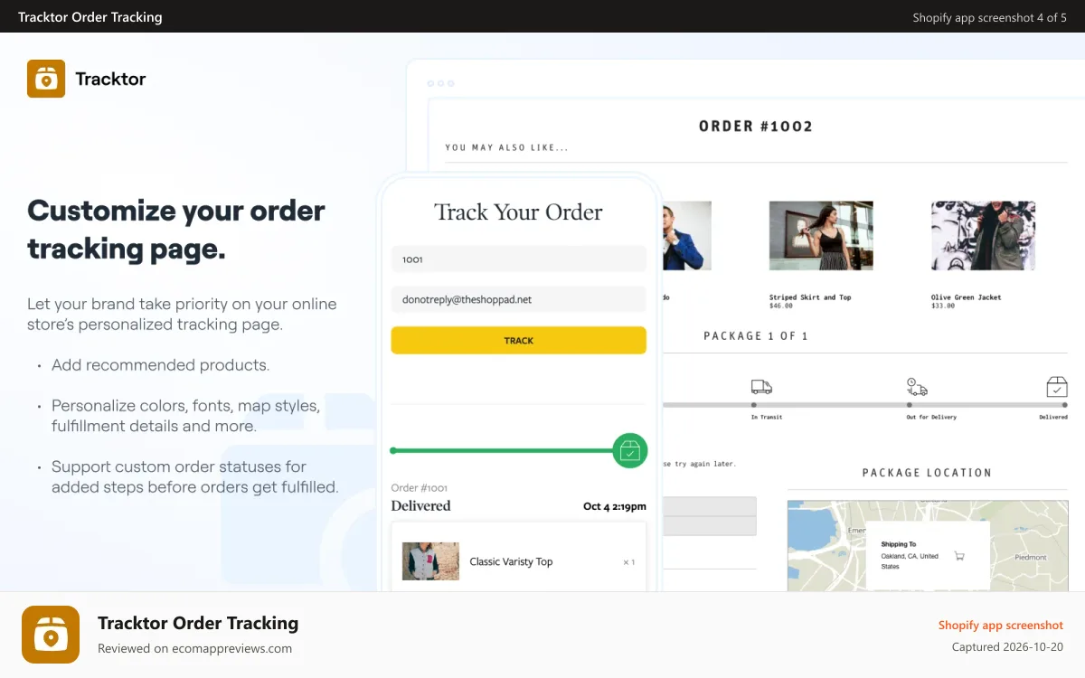 Tracktor Order Tracking Shopify app screenshot: Custom order tracking page.