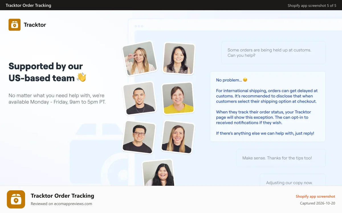 Tracktor Order Tracking Shopify app screenshot: Supported by our US-based team