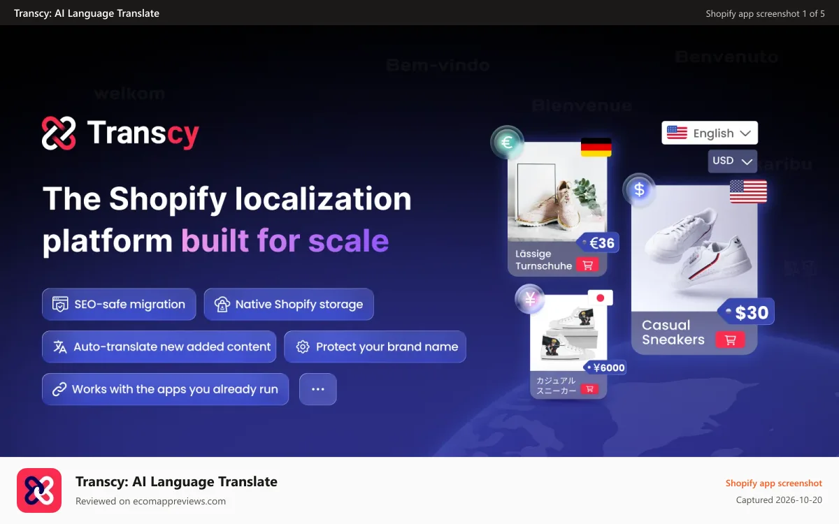 Transcy: AI Language Translate Shopify app screenshot: The Shopify localization platform built for scale