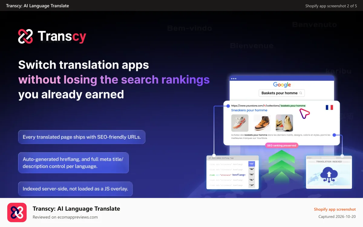 Transcy: AI Language Translate Shopify app screenshot: Switch translation apps without losing the search rankings
