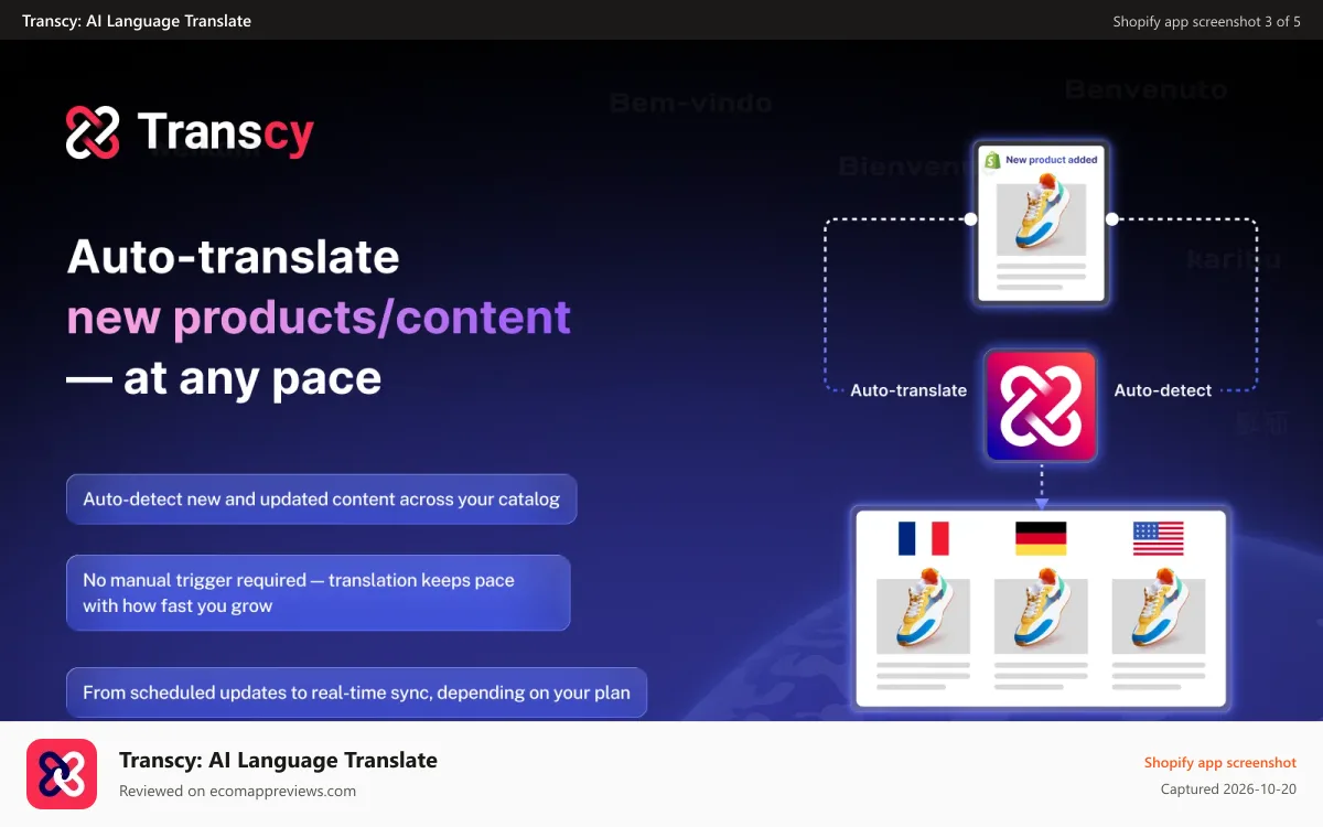 Transcy: AI Language Translate Shopify app screenshot: Auto-translate new products