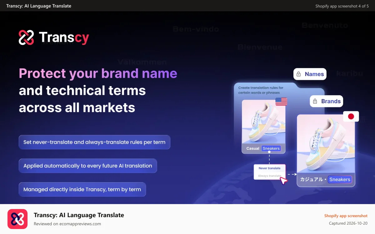 Transcy: AI Language Translate Shopify app screenshot: Protect your brand name and technical terms with Glossary rules