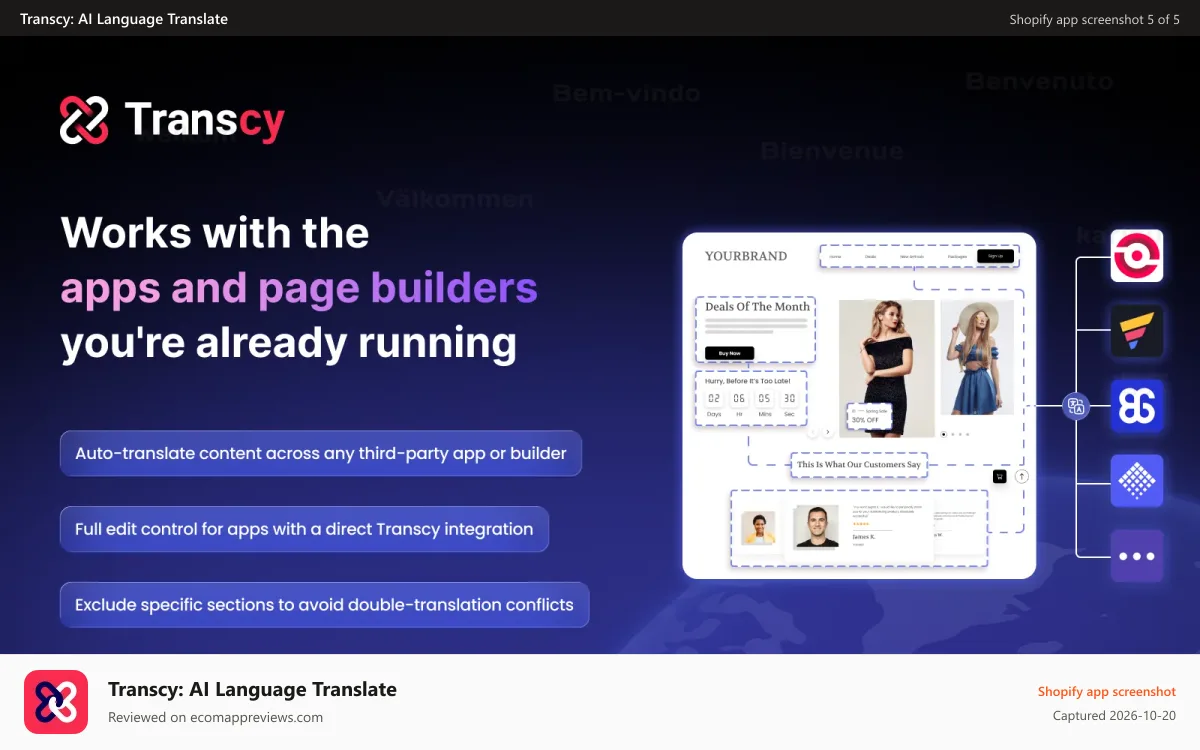 Transcy: AI Language Translate Shopify app screenshot: Works with the apps and page builders you're already running