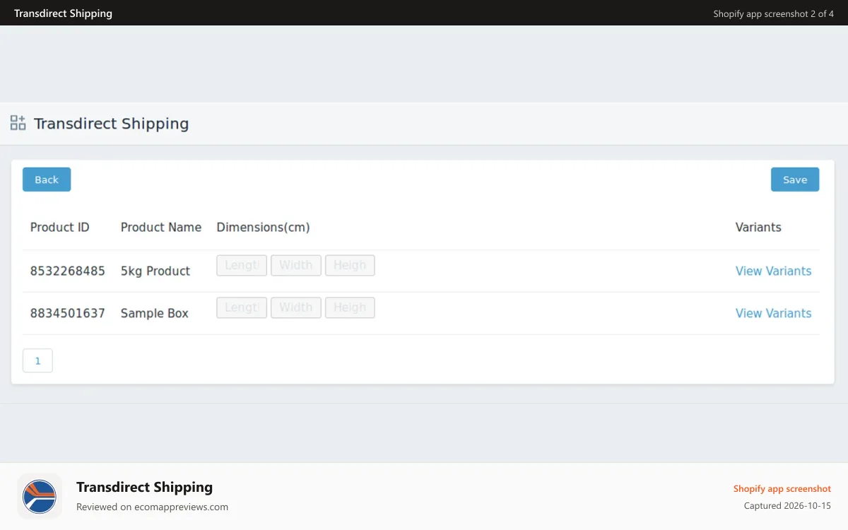 Transdirect Shipping Shopify app screenshot: Edit Product Dimension