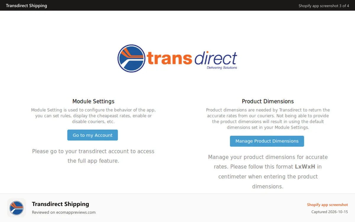 Transdirect Shipping Shopify app screenshot: Transdirect Dashboard