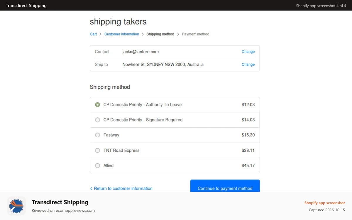 Transdirect Shipping Shopify app screenshot: Rates on Checkout