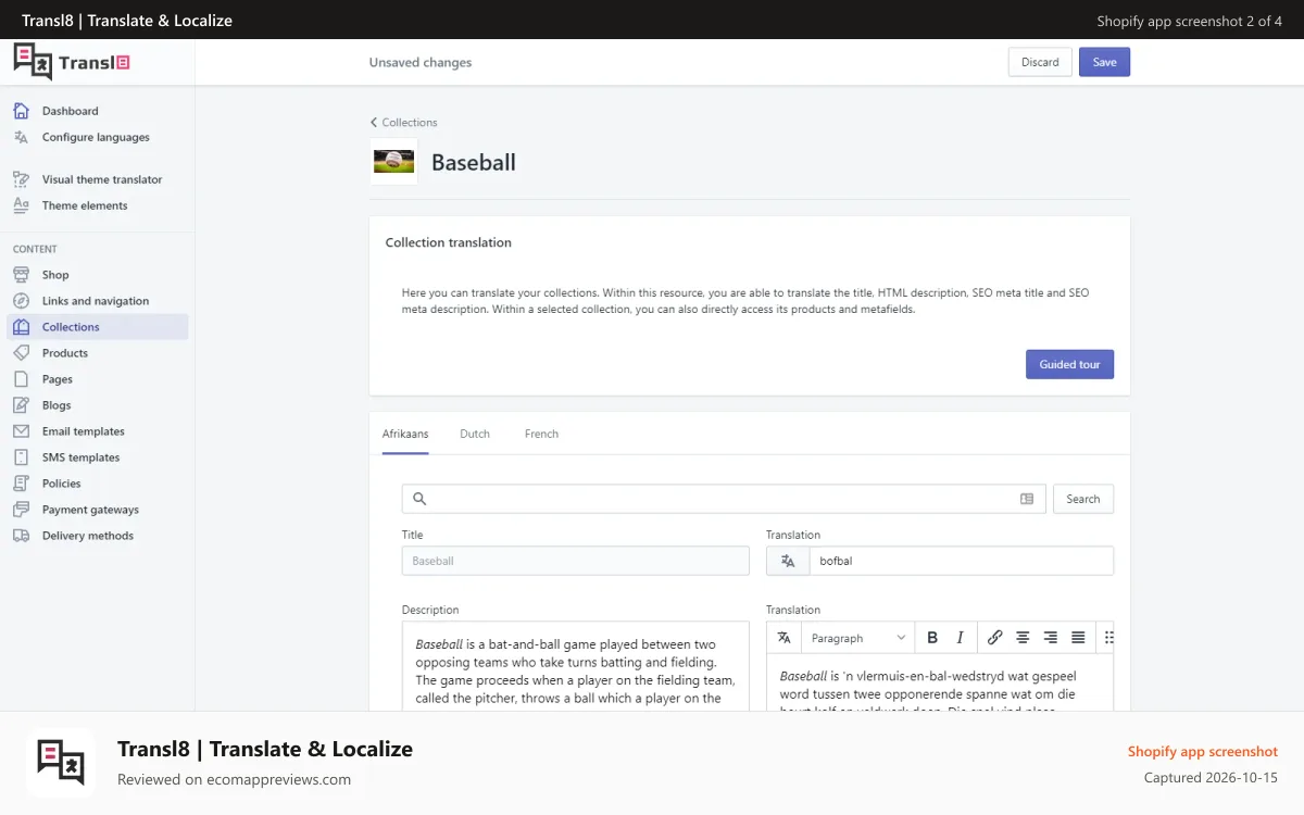 Transl8 | Translate & Localize Shopify app screenshot: Rich text editing
