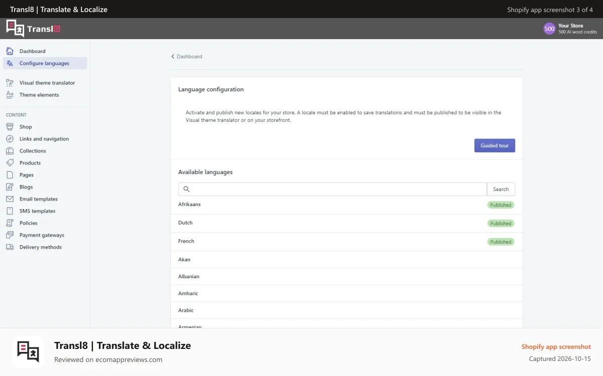 Transl8 | Translate & Localize Shopify app screenshot: Over 100 languages